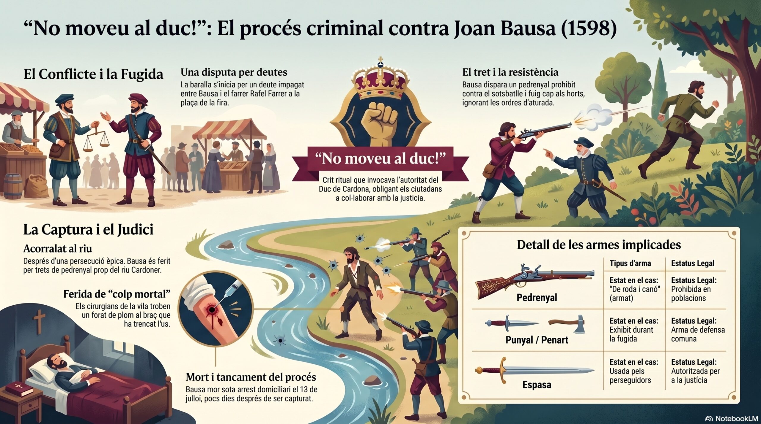 Joan Bausa buscaraons acaba abatut pel somatent i pocs dies després mor. Cardona 1598 joan bausa lo molinaret infografia